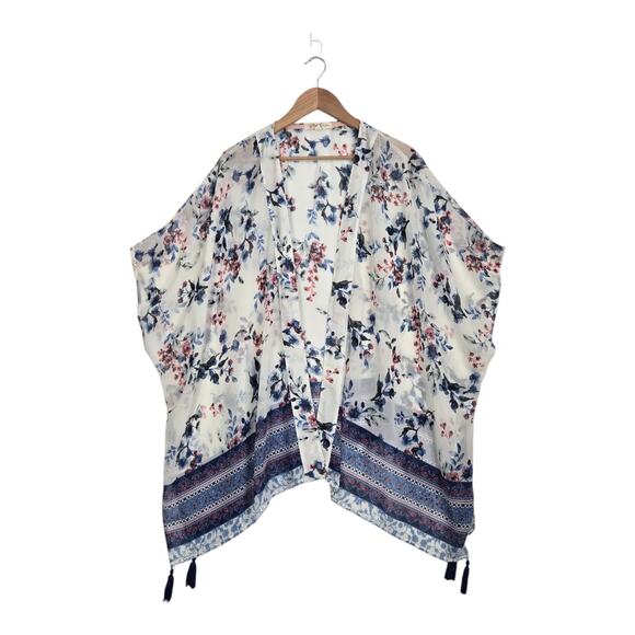 Rewind Kimono Cardigan Sz 1X White Blue Pink Floral Sheer Tassels Boho Fairy - Picture 1 of 10